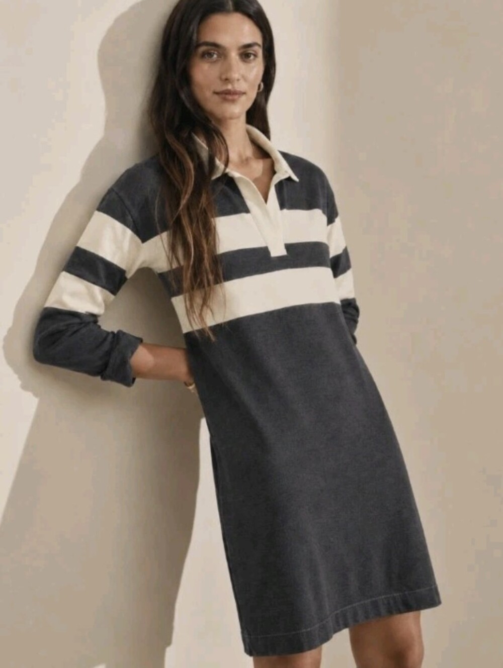 Faherty Rugby Jersey Polo Dress Open Stripe Charcoal Grey Size XS $138 NWT